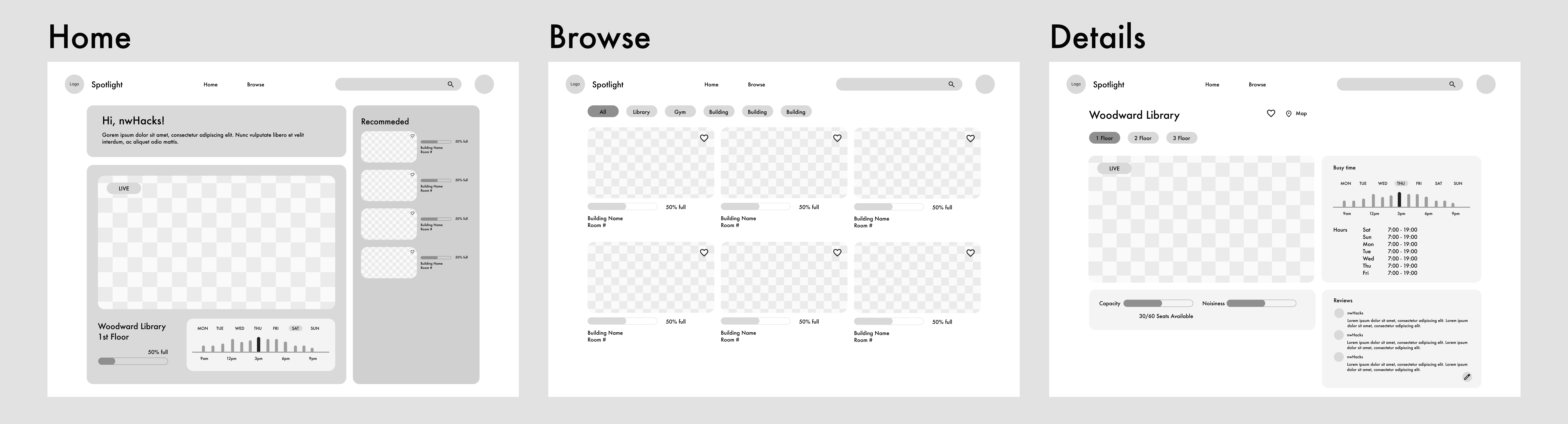 Spotlight wireframe including home, browse, details pages