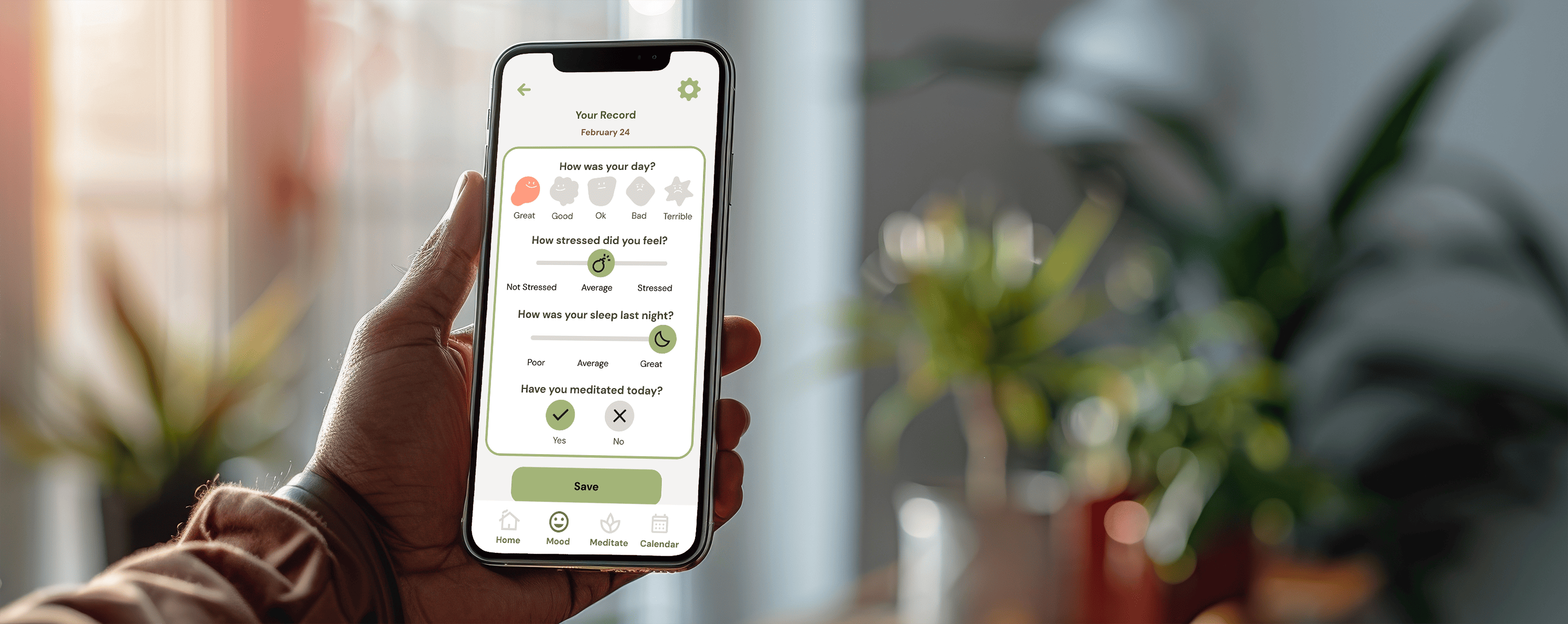 Hand holding a smartphone displaying Tranquify's mood tracking screen, featuring colorful mood icons and a user-friendly interface